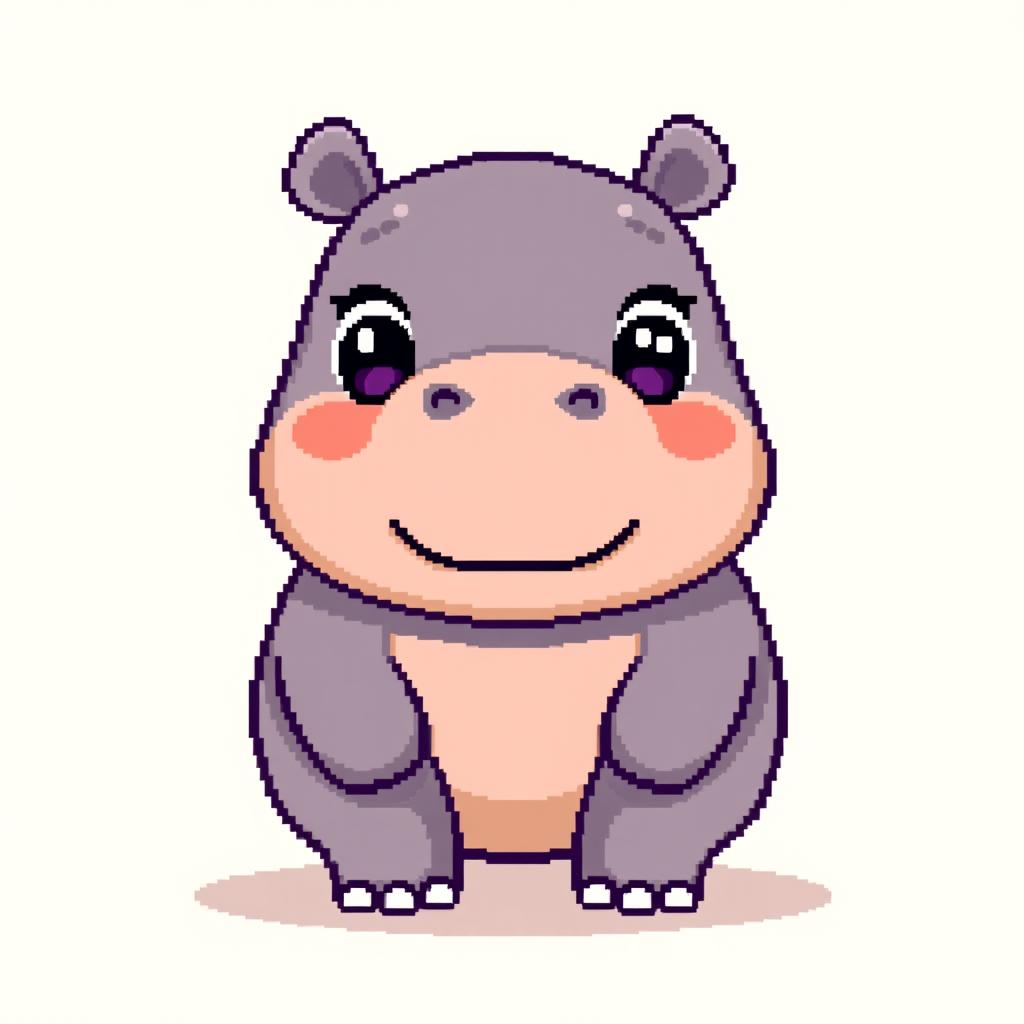 A cute pixel art hippopotamus, featuring large, expressive eyes and a small, adorable smile