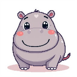 A cute pixel art hippopotamus, featuring large, expressive eyes and a small, adorable smile