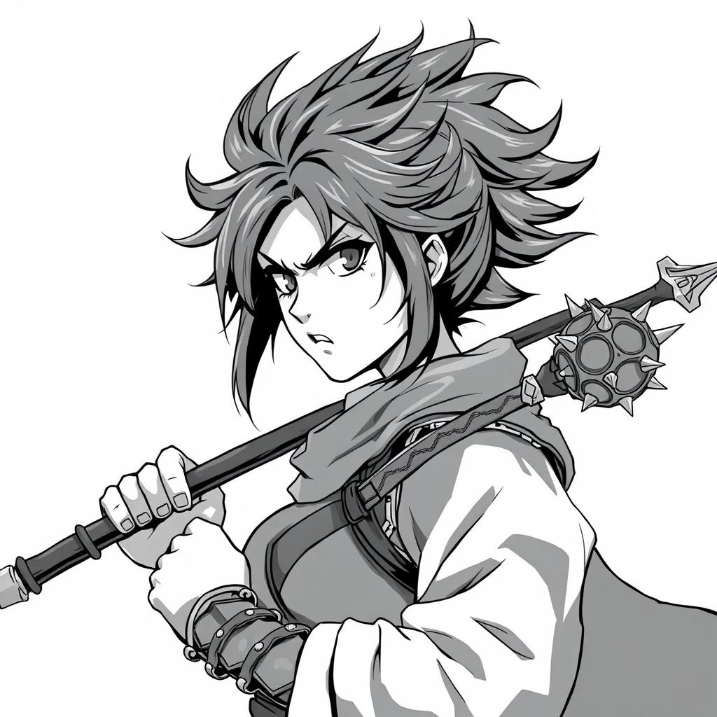 Anime-style greyscale illustration of a female human warrior, shown from the shoulders up, holding a flail