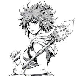 Anime-style greyscale illustration of a female human warrior, shown from the shoulders up, holding a flail