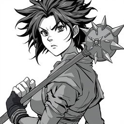 Anime-style greyscale illustration of a female human warrior, shown from the shoulders up, holding a flail