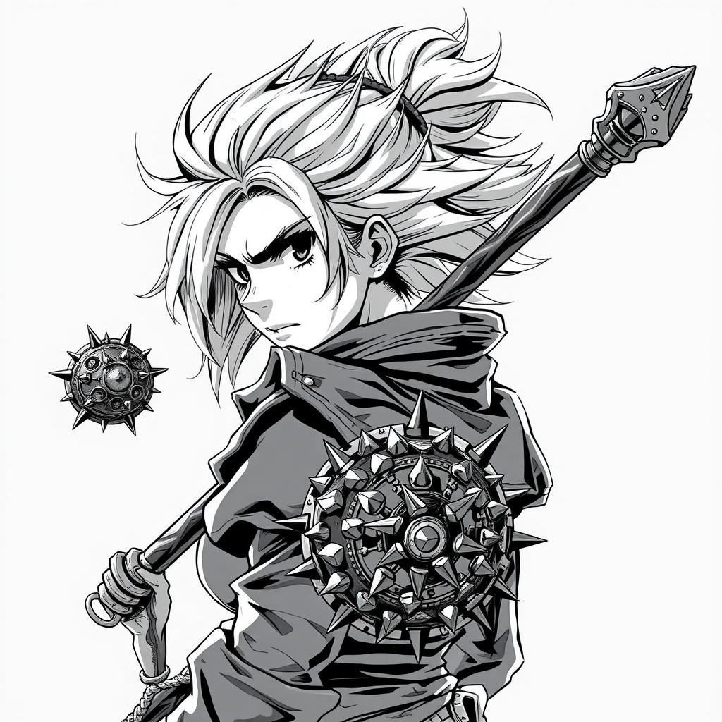 Anime-style greyscale illustration of a female human warrior, shown from the shoulders up, holding a flail