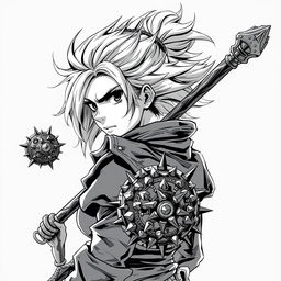 Anime-style greyscale illustration of a female human warrior, shown from the shoulders up, holding a flail