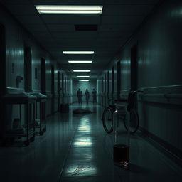 A haunting hospital hallway with a dim, eerie atmosphere, featuring flickering fluorescent lights casting shadows across the sterile environment