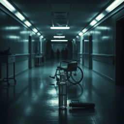 A haunting hospital hallway with a dim, eerie atmosphere, featuring flickering fluorescent lights casting shadows across the sterile environment