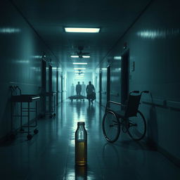 A haunting hospital hallway with a dim, eerie atmosphere, featuring flickering fluorescent lights casting shadows across the sterile environment