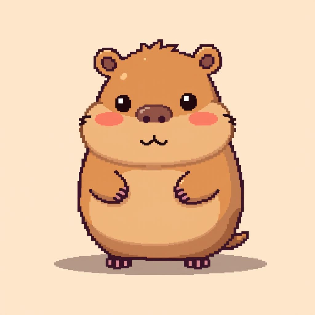 A cute pixel art capybara, featuring a chubby and rounded body with small, endearing eyes and a gentle smile