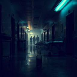 A haunting hospital hallway with a dim, eerie atmosphere, featuring flickering fluorescent lights casting shadows across the sterile environment