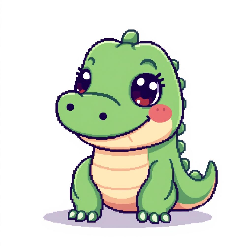 A cute pixel art crocodile, featuring a friendly face with big, round eyes and a gentle smile