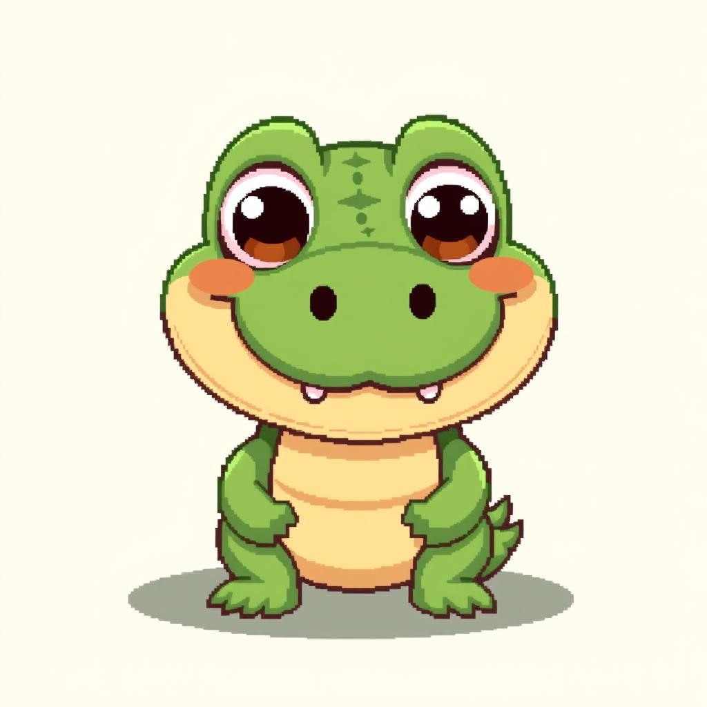 A cute pixel art crocodile, featuring a friendly face with big, round eyes and a gentle smile