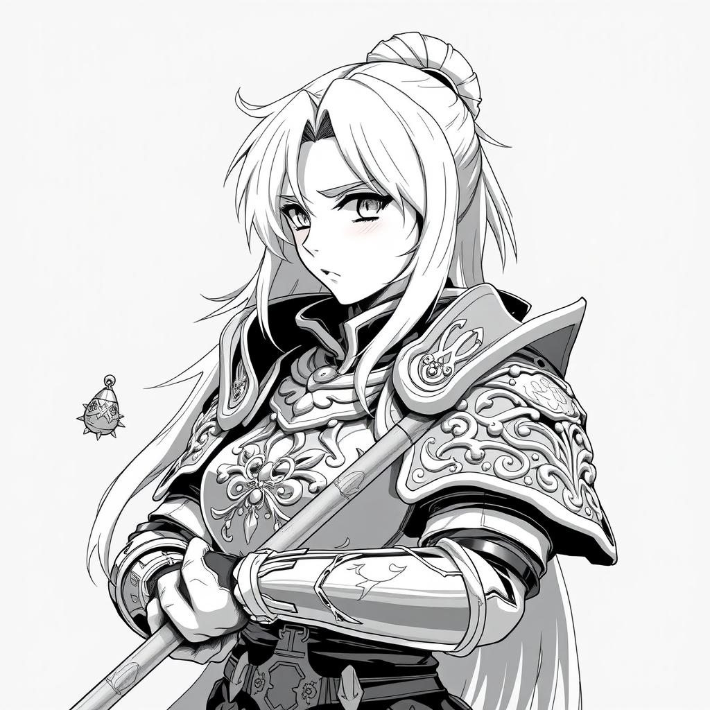 Anime-style greyscale illustration of a female human fighter, depicted from the shoulders up, wearing intricately designed armor