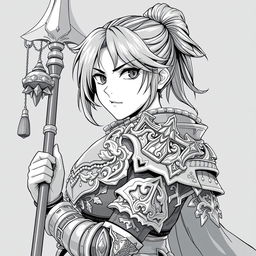 Anime-style greyscale illustration of a female human fighter, depicted from the shoulders up, wearing intricately designed armor