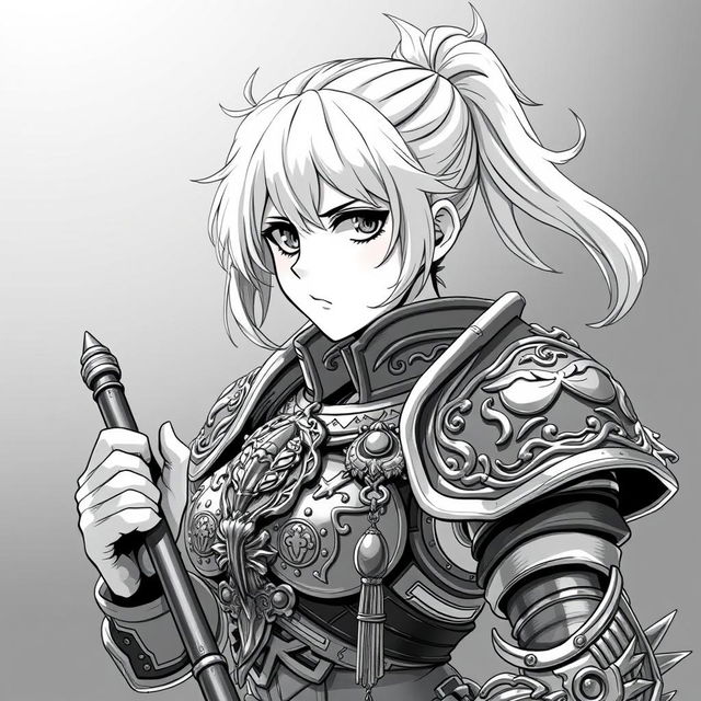 Anime-style greyscale illustration of a female human fighter, depicted from the shoulders up, wearing intricately designed armor