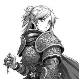 Anime-style greyscale illustration of a female human fighter, depicted from the shoulders up, wearing intricately designed armor