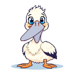 A cute pixel art pelican, with an oversized beak and bright, cheerful eyes