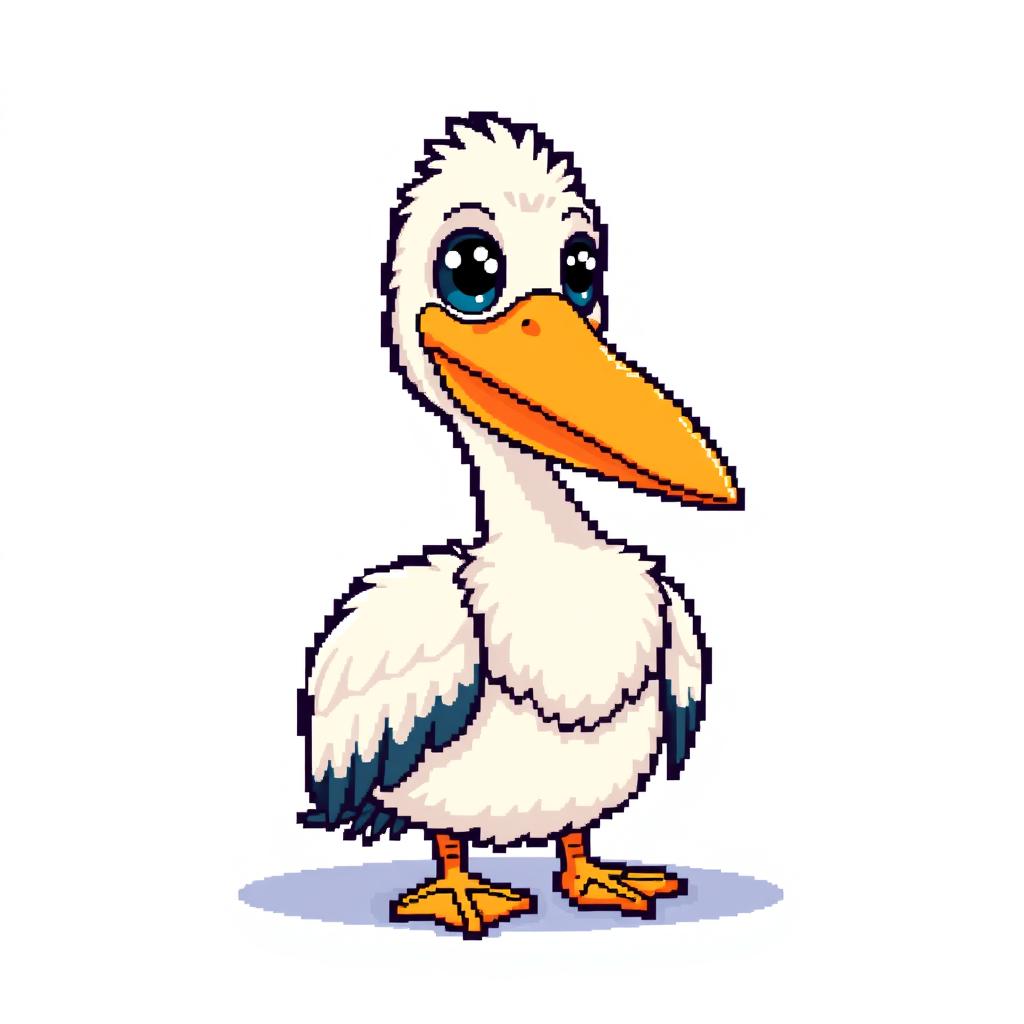 A cute pixel art pelican, with an oversized beak and bright, cheerful eyes