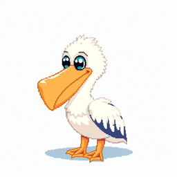 A cute pixel art pelican, with an oversized beak and bright, cheerful eyes