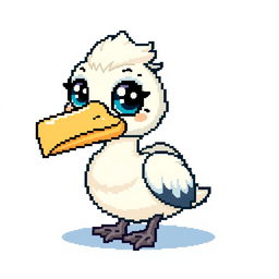 A cute pixel art pelican, with an oversized beak and bright, cheerful eyes