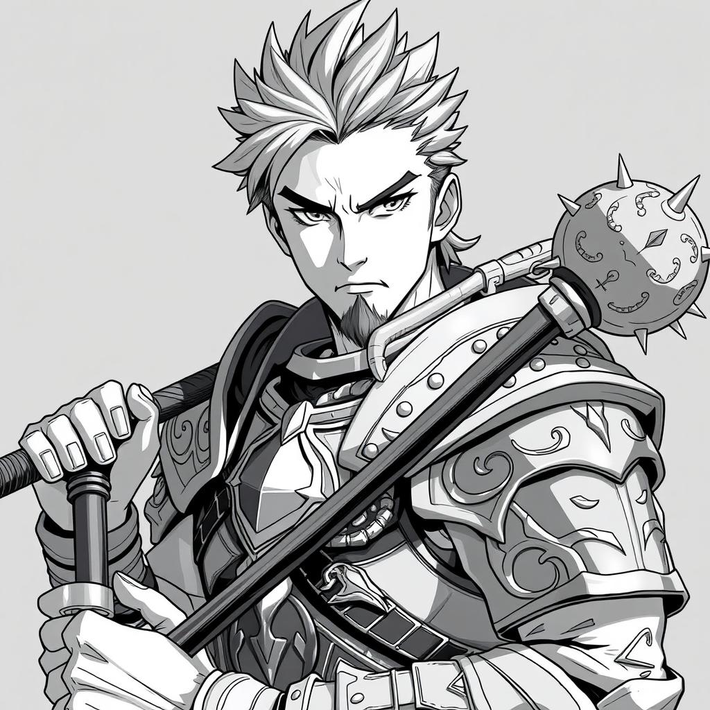 Anime-style greyscale illustration of a male human fighter, depicted from the shoulders up, wearing detailed armor