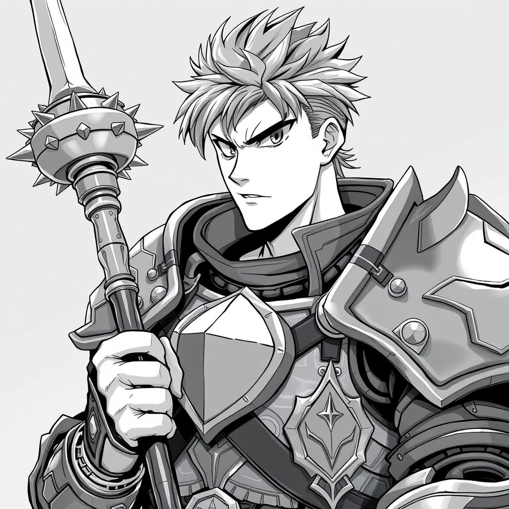 Anime-style greyscale illustration of a male human fighter, depicted from the shoulders up, wearing detailed armor