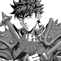 Anime-style greyscale illustration of a male human fighter, depicted from the shoulders up, wearing detailed armor