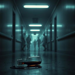 An unsettling hospital hallway shrouded in dim light, with a chilling atmosphere