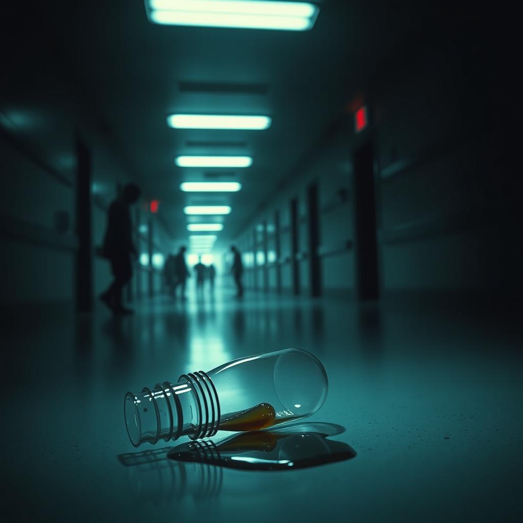 An unsettling hospital hallway shrouded in dim light, with a chilling atmosphere