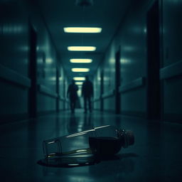 An unsettling hospital hallway shrouded in dim light, with a chilling atmosphere