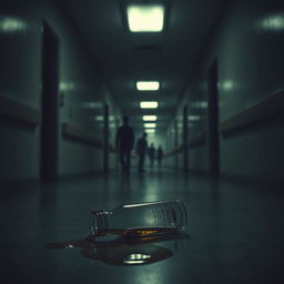 An unsettling hospital hallway shrouded in dim light, with a chilling atmosphere