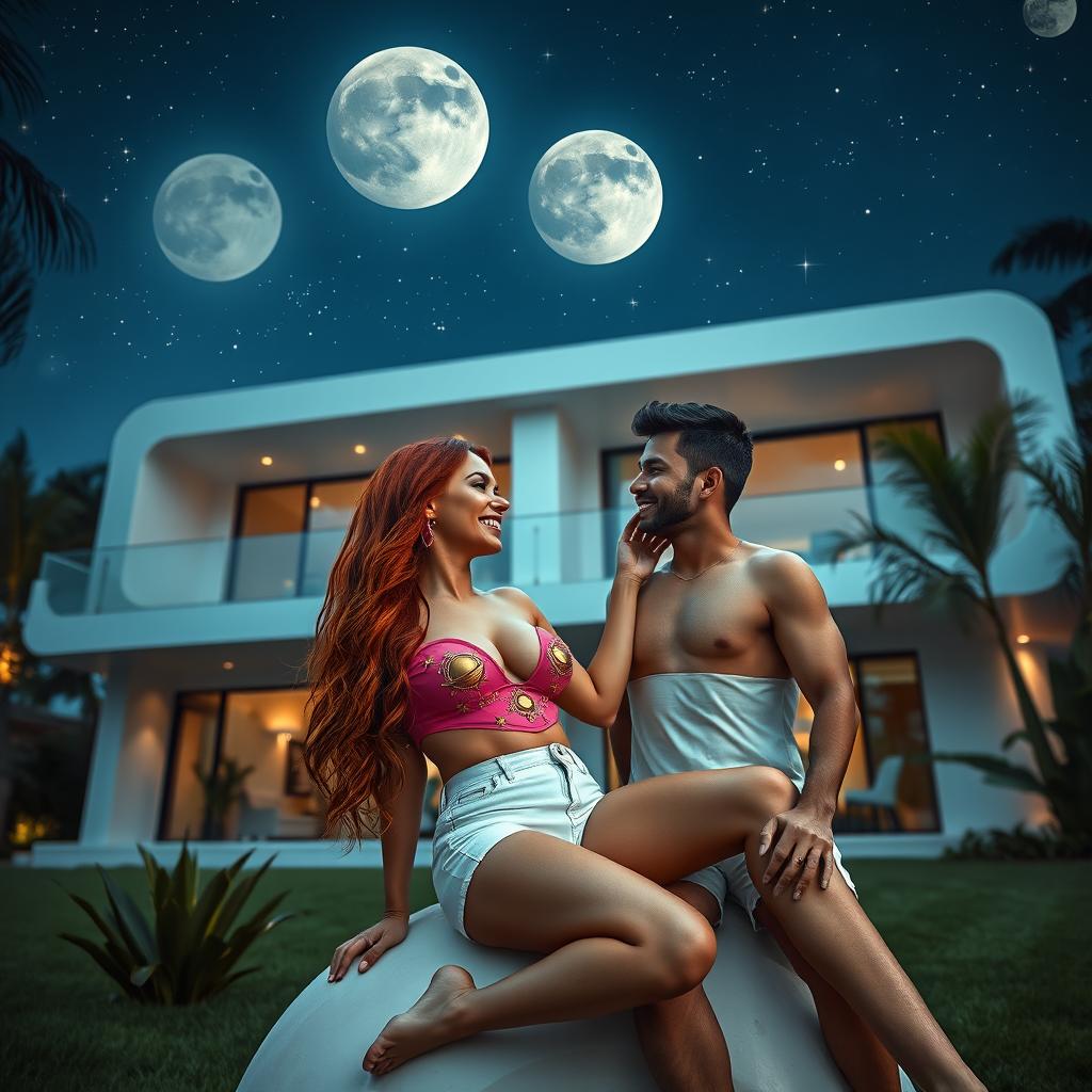 A tall, alluring 45-year-old Colombian woman with long, flowing red hair and a voluptuous figure characterized by a 42DD bust is elegantly reclined in the garden of a futuristic three-story house