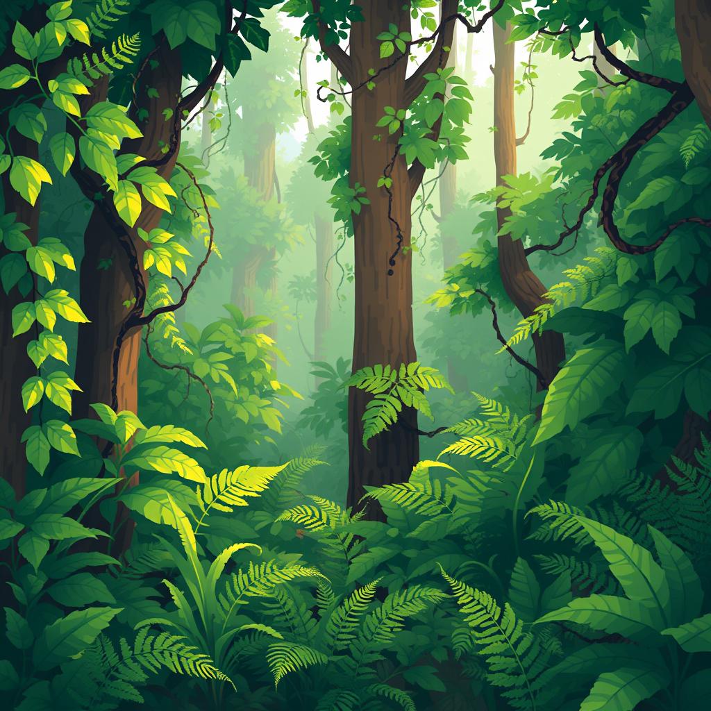 a dense jungle background in pixel art style, showcasing lush and vibrant greenery including various shades of green leaves, tall trees with pixelated bark, intertwining vines, and ferns