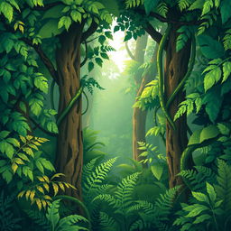 a dense jungle background in pixel art style, showcasing lush and vibrant greenery including various shades of green leaves, tall trees with pixelated bark, intertwining vines, and ferns