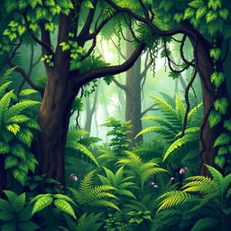 a dense jungle background in pixel art style, showcasing lush and vibrant greenery including various shades of green leaves, tall trees with pixelated bark, intertwining vines, and ferns