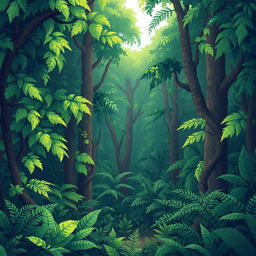 a dense jungle background in pixel art style, showcasing lush and vibrant greenery including various shades of green leaves, tall trees with pixelated bark, intertwining vines, and ferns