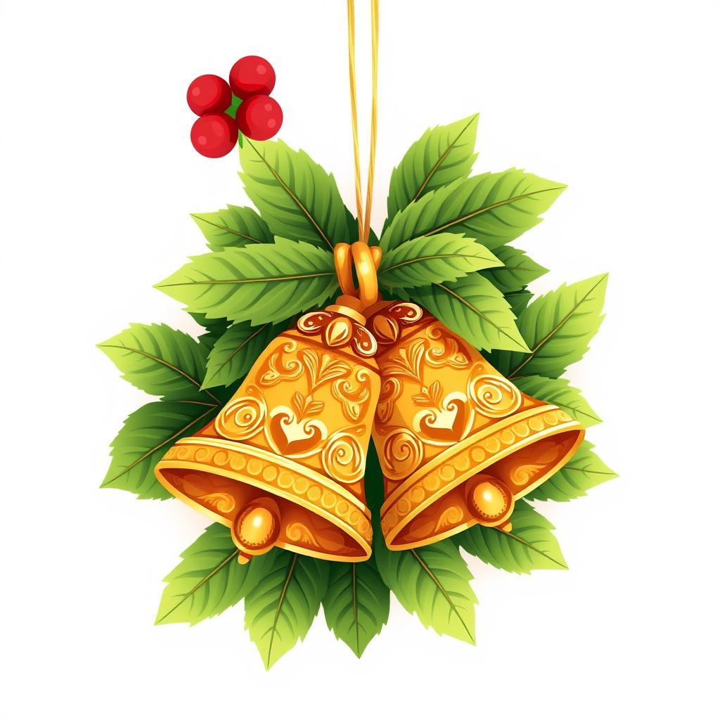 A charming illustration of a Christmas ornament featuring two intricately designed golden bells surrounded by lush green leaves