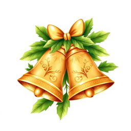 A charming illustration of a Christmas ornament featuring two intricately designed golden bells surrounded by lush green leaves