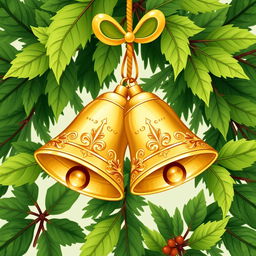 A charming illustration of a Christmas ornament featuring two intricately designed golden bells surrounded by lush green leaves