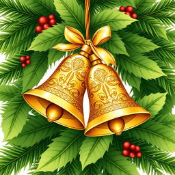 A charming illustration of a Christmas ornament featuring two intricately designed golden bells surrounded by lush green leaves