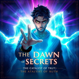 Creating a cover art for "The Dawn of Secrets" in a fantasy anime inspired style, featuring Akash Haq prominently positioned at the center