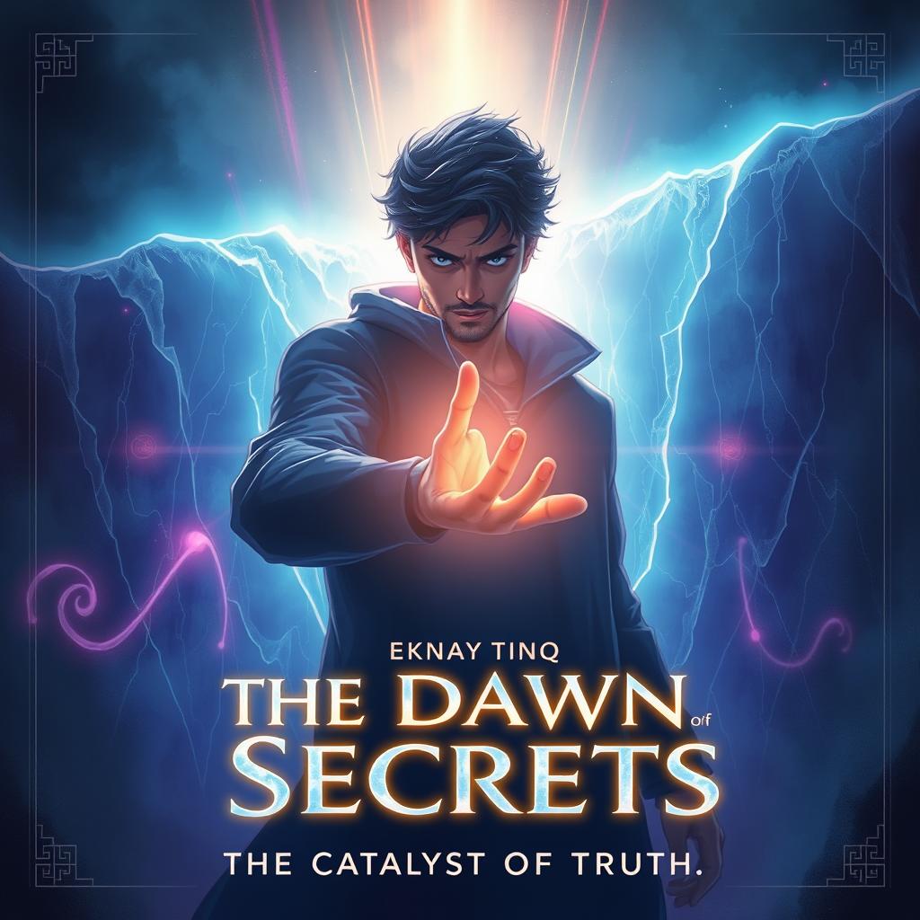 Creating a cover art for "The Dawn of Secrets" in a fantasy anime inspired style, featuring Akash Haq prominently positioned at the center