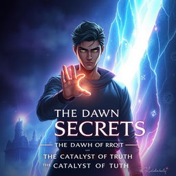 Creating a cover art for "The Dawn of Secrets" in a fantasy anime inspired style, featuring Akash Haq prominently positioned at the center