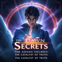 Creating a cover art for "The Dawn of Secrets" in a fantasy anime inspired style, featuring Akash Haq prominently positioned at the center