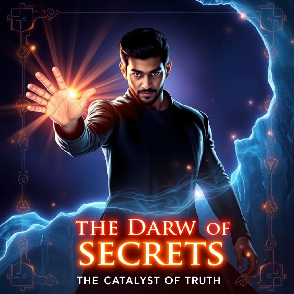 Design a cover art for "The Dawn of Secrets" capturing Akash Haq in a dynamic pose, characterized by radiant illumination flowing from his outstretched hand, exuding an aura of determination and wonder