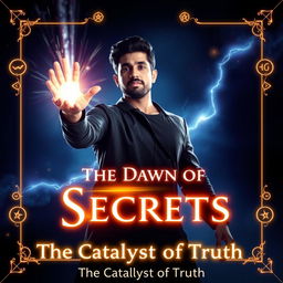 Design a cover art for "The Dawn of Secrets" capturing Akash Haq in a dynamic pose, characterized by radiant illumination flowing from his outstretched hand, exuding an aura of determination and wonder