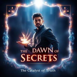 Design a cover art for "The Dawn of Secrets" capturing Akash Haq in a dynamic pose, characterized by radiant illumination flowing from his outstretched hand, exuding an aura of determination and wonder