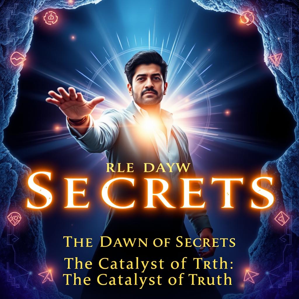 Design a cover art for "The Dawn of Secrets" capturing Akash Haq in a dynamic pose, characterized by radiant illumination flowing from his outstretched hand, exuding an aura of determination and wonder