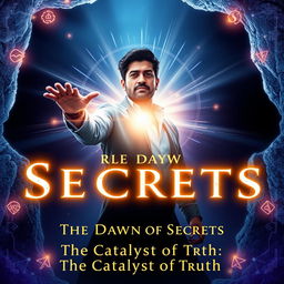 Design a cover art for "The Dawn of Secrets" capturing Akash Haq in a dynamic pose, characterized by radiant illumination flowing from his outstretched hand, exuding an aura of determination and wonder