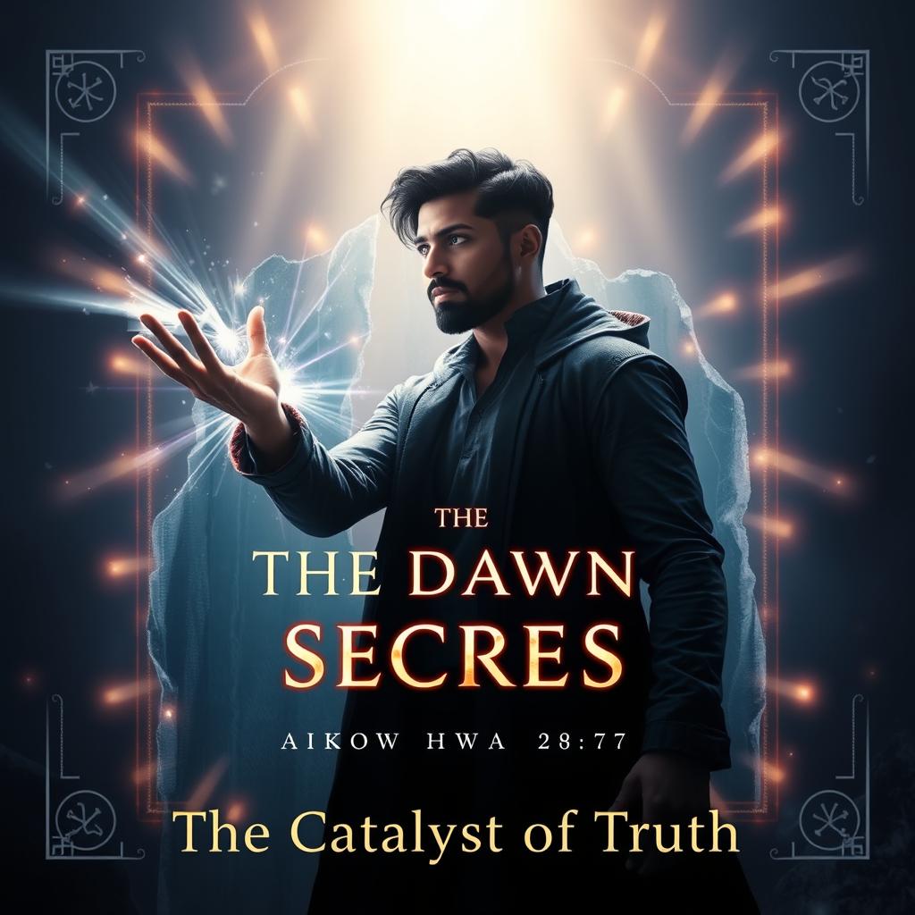 Design a cover art for "The Dawn of Secrets" capturing Akash Haq in a dynamic pose, characterized by radiant illumination flowing from his outstretched hand, exuding an aura of determination and wonder