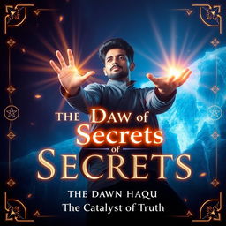 Design a cover art for "The Dawn of Secrets" capturing Akash Haq in a dynamic pose, characterized by radiant illumination flowing from his outstretched hand, exuding an aura of determination and wonder