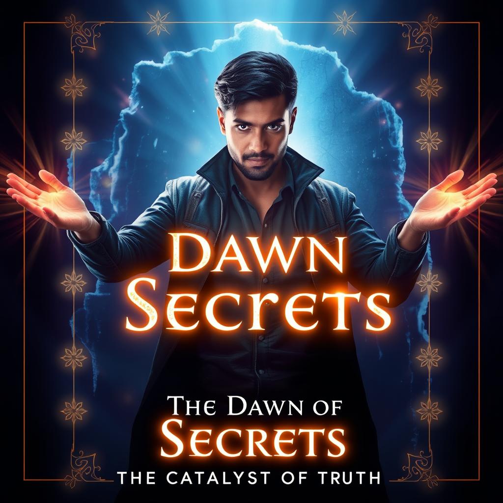 Design a cover art for "The Dawn of Secrets" capturing Akash Haq in a dynamic pose, characterized by radiant illumination flowing from his outstretched hand, exuding an aura of determination and wonder